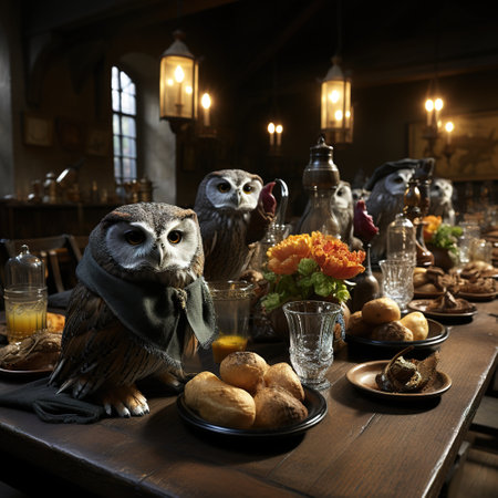 Owl in a restaurant. Halloween background. Halloween concept. Halloween background.の素材