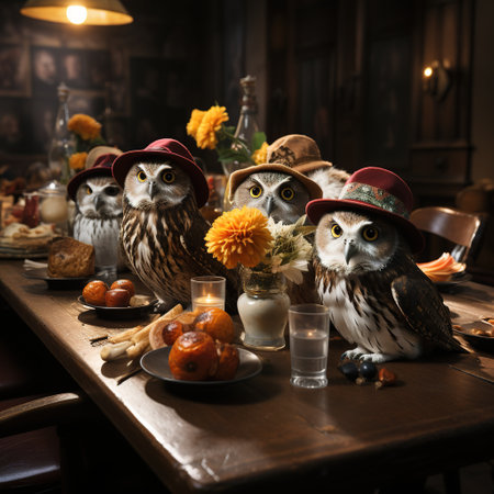 Beautiful owls sitting at a table in a rustic settingの素材