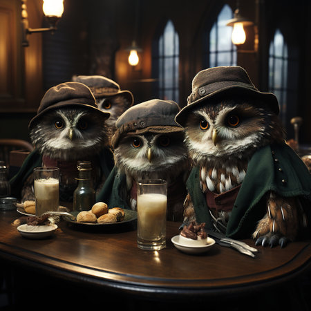 Three owls sitting at a table in a pub with a cup of coffeeの素材