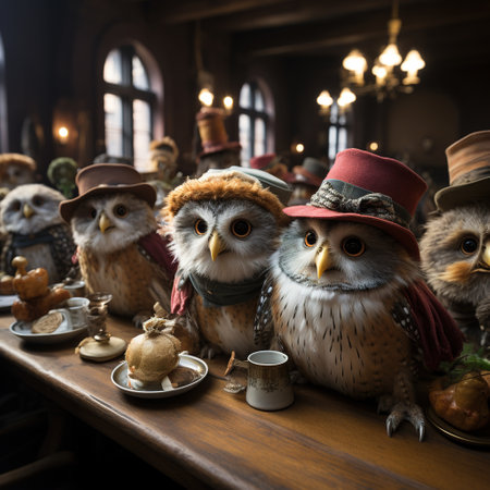Owls sitting on a table in a room with a cup of coffeeの素材