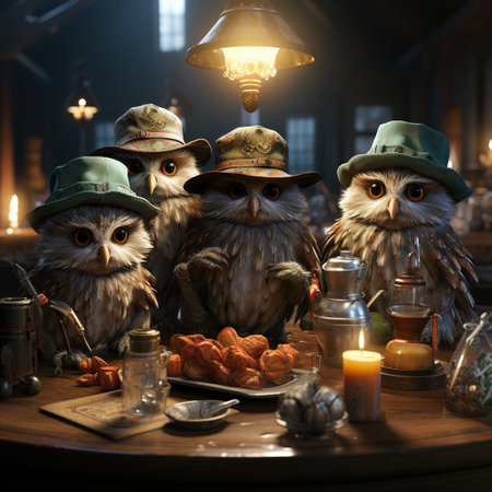 Three wise owls sitting at the table. Halloween concept. 3D Renderingの素材