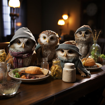 Owls with food on the table in a dark room.の素材