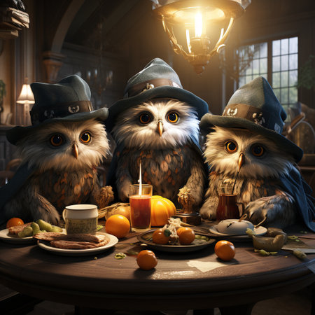 Three owls sitting in a pub. Halloween concept. 3D Renderingの素材