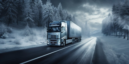 Truck on the road in the winter forest. Concept of freight transportation.の素材