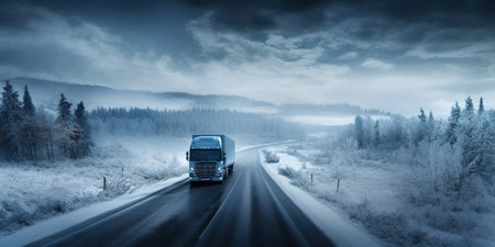 Truck on the road in the winter forest. Freight transportation.の素材
