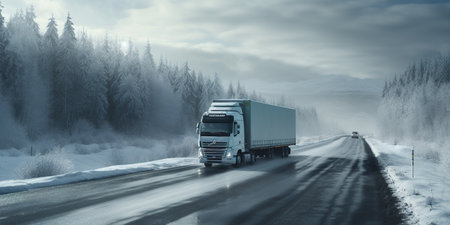 Truck on the road in the winter forest. 3d renderingの素材