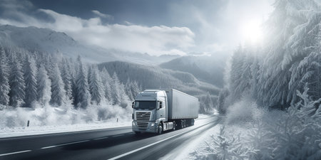 Truck on the road in the winter forest. Concept of freight transportation.の素材