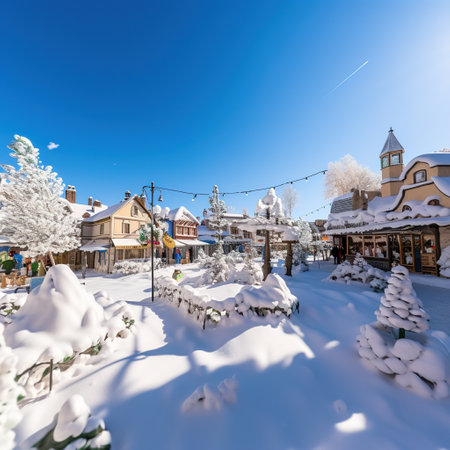 Beautiful winter landscape with snow covered trees and houses in the villageの素材
