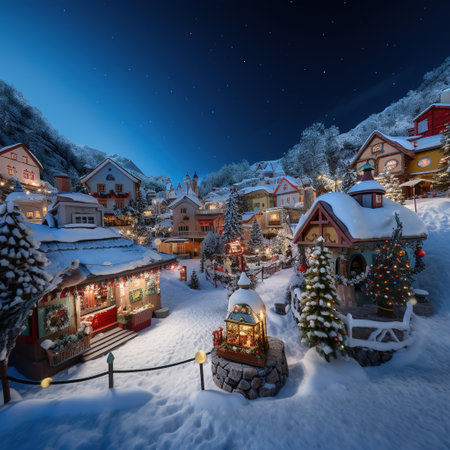 Fantastic Christmas village in snowy mountains at night, Lofoten islands, Norwayの素材