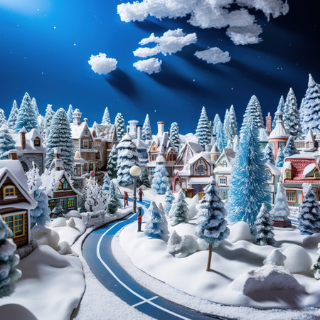 Beautiful winter landscape with a small village. Christmas and New Year background.の素材