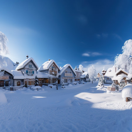 Beautiful winter landscape with snow covered village and blue sky. Carpathians, Ukraineの素材
