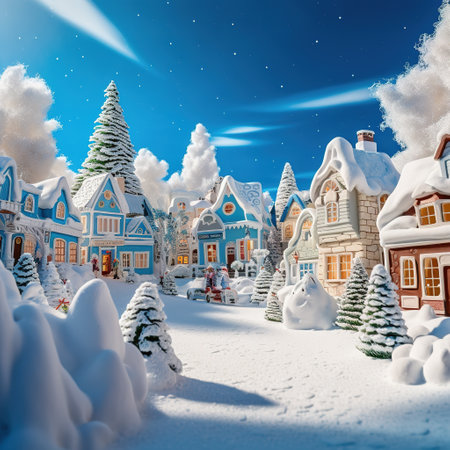 Christmas and New Year holidays background with winter houses in the village.の素材