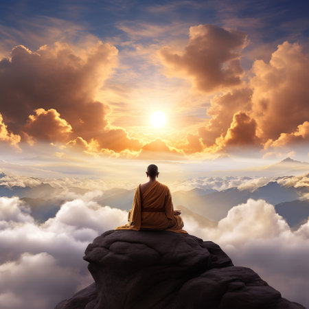 Buddhist monk sitting on the top of a mountain and looking at the sunriseの素材