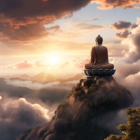 Buddha on the top of mountain with sunset sky background.の素材