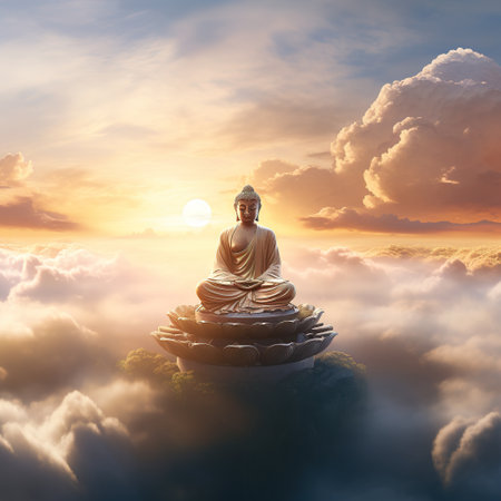 Buddha statue on the top of the mountain at sunset.の素材