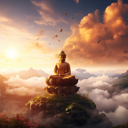 Buddha statue on the top of mountain with misty morningの素材