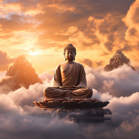 Buddha statue on the clouds at sunset. 3D renderingの素材