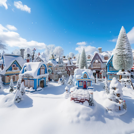Winter village with snow covered houses, trees and snowdrifts.の素材