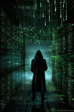 Silhouette of a man in a dark cloak in front of a binary codeの素材