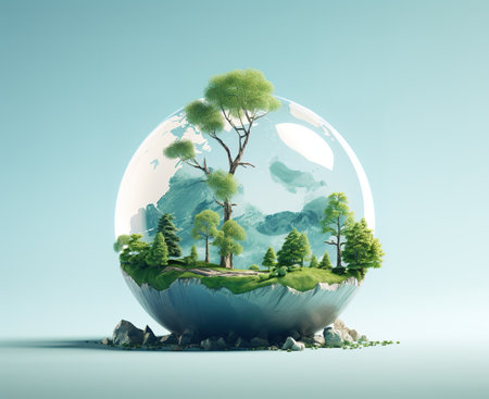 Ecology concept. Globe with green trees in it. 3d renderの素材