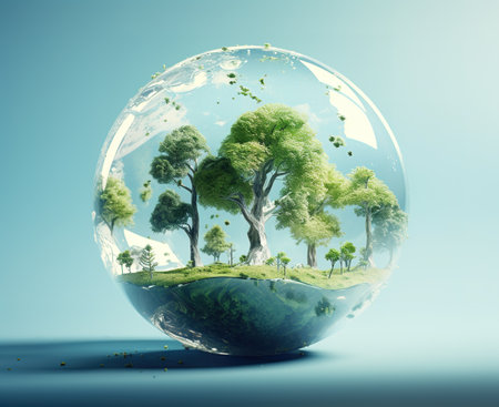 Ecology concept with tree inside a glass ball. 3D renderingの素材