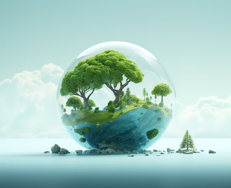 Ecology concept with green tree inside a glass sphere. 3D renderingの素材