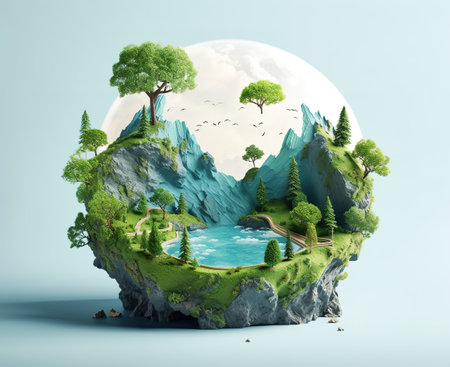 Ecology concept with green planet and water. 3d render illustrationの素材
