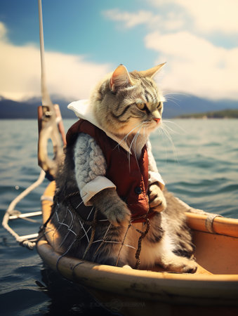 Cute cat in boat on sea water background, toned imageの素材