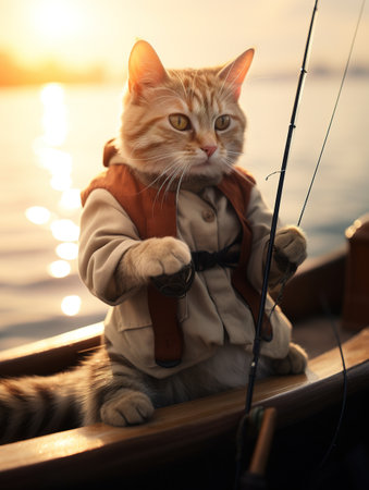 Cute ginger cat with fishing rod on boat at sunset, closeupの素材