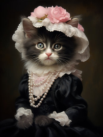 Cute black and white kitten in a hat with pearls on a dark backgroundの素材