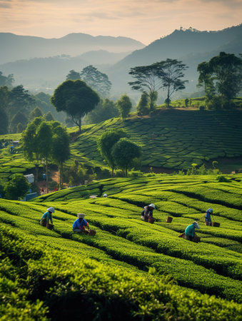 Tea Plantation at Sunrise in Munnar, Kerala, South Indiaの素材