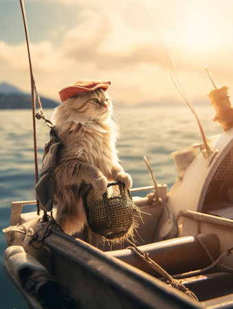 Persian cat on a boat in the sea at sunset time.の素材