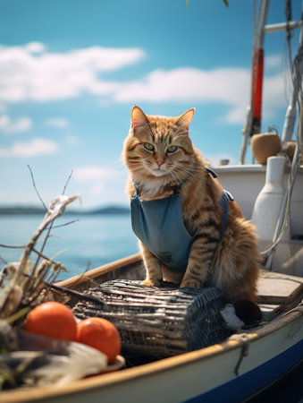 Cute ginger cat sitting on a fishing boat on the sea.の素材