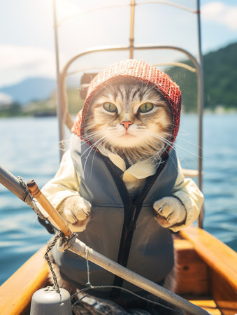 Cute cat in warm hat and scarf on boat. Summer vacation conceptの素材