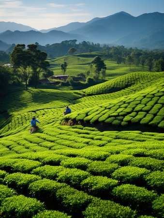 Tea Plantation at Sunrise in Munnar, Kerala, South Indiaの素材