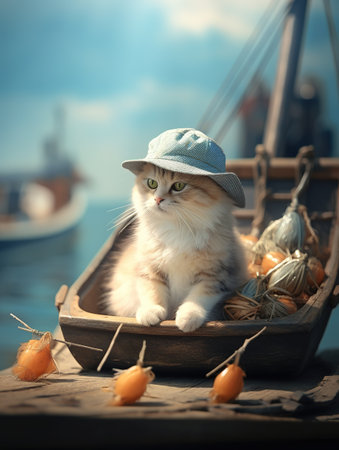 Cute cat sitting in wooden boat with physalis and sea port in backgroundの素材