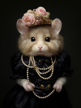 Cute little chinchilla in a black dress with pearlsの素材