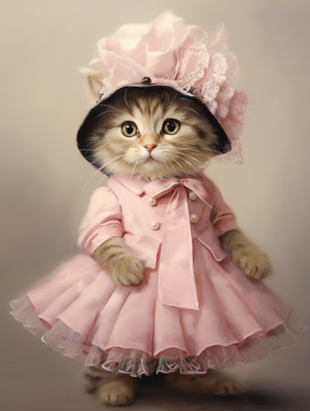 Cute siberian kitten in a pink dress and a hatの素材