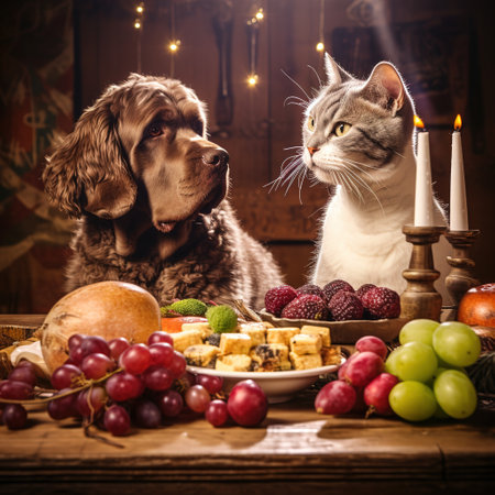 Cat and dog on a Christmas table with fruit and cookies. Festive background.の素材