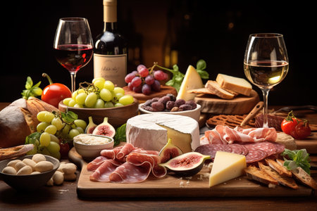 Cheese platter with wine, prosciutto, salami and grapesの素材