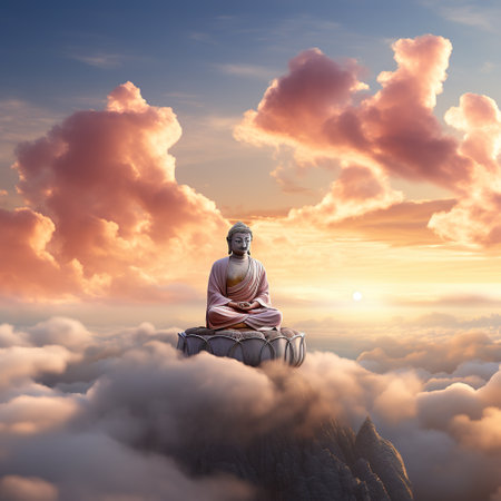 Buddha sitting on the top of mountain with beautiful sky backgroundの素材