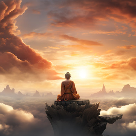 Buddhist monk sitting on top of the rock and looking at the sunsetの素材