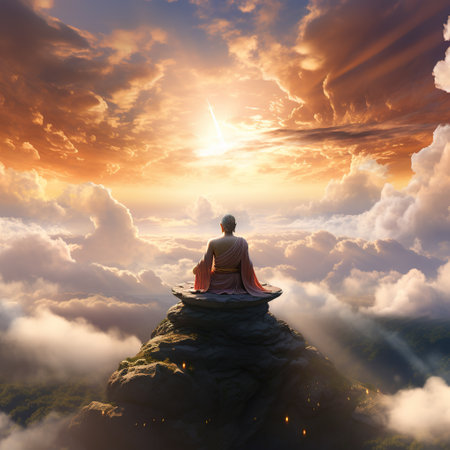 Woman meditating on the top of the mountain with beautiful sunset skyの素材
