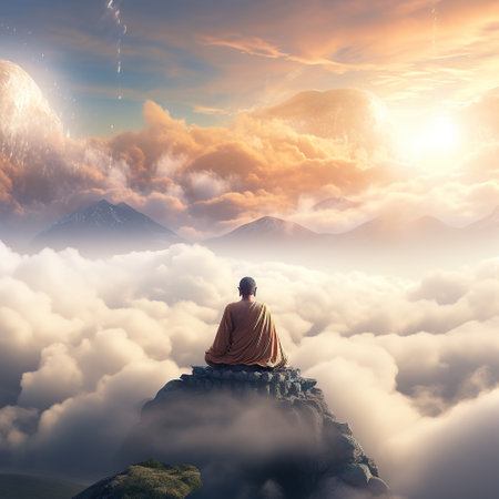 Buddhist monk sitting on top of a mountain and looking at sunriseの素材
