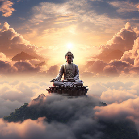 Buddha on the top of the mountain at sunset. 3D renderingの素材