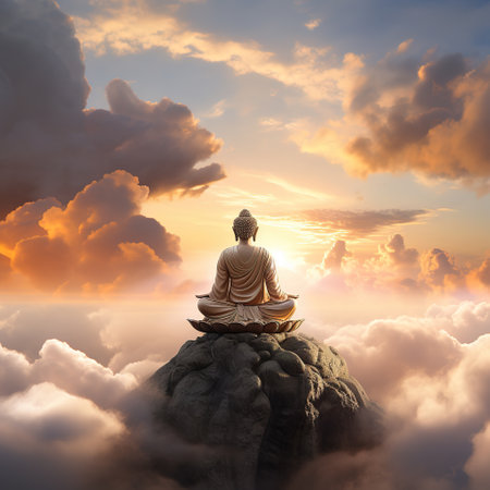 Buddha meditating on the top of the mountain at sunsetの素材