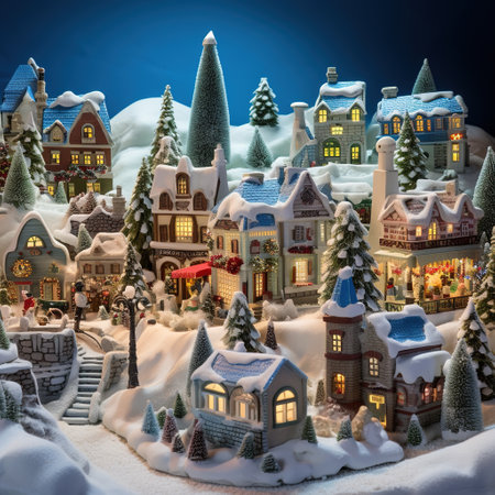 Christmas village in the snow. Beautiful winter landscape with houses and trees.の素材
