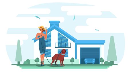 Vector flat illustration of woman and dog. Female beauty concept. Landscape background with cottage.のイラスト素材