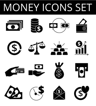 Black flat money icons set. Vector illustration for designのイラスト素材