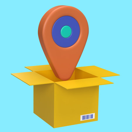 3D illustration of yellow box with red gps symbol.Suitable for transportation, logistics, shipping, cargo, and delivery concepts in design projects.の写真素材
